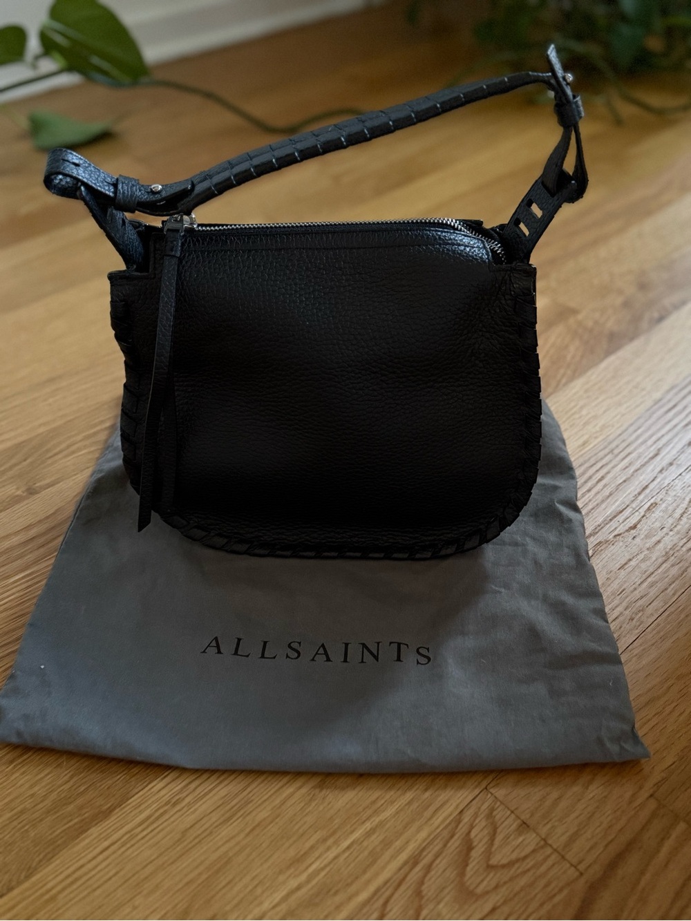 ALLSAINTS Mori Hobo Small Black Leather Bag Whipstitch Woven-Trim